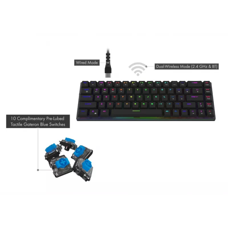 AQIRYS Agena Teclado mecánico inalámbrico 65% Low-Profile, interruptores Gateron Red, negro