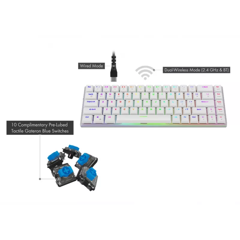 AQIRYS Agena Teclado mecánico inalámbrico 65% Low-Profile, interruptores Gateron Red, blanco