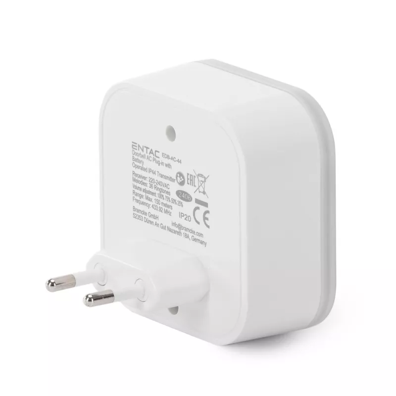 ENTAC Timbre Inalámbrico Emisor Enchufable AC IP44 con 1x Batería CR2032