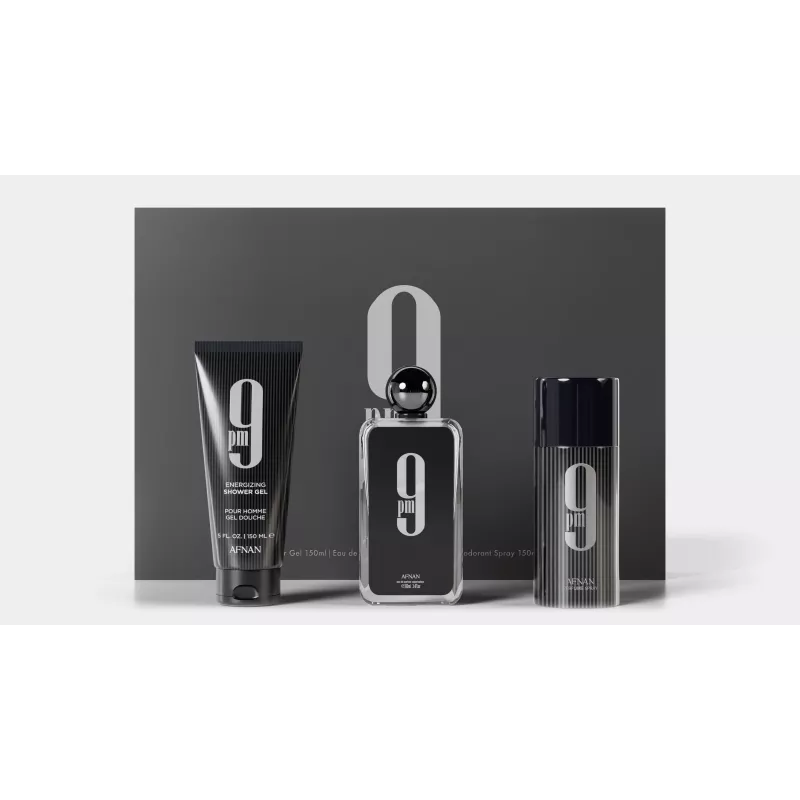 Afnan 9 PM Eau de Parfum Estuche Regalo para Hombre - 100ml EDP Spray + 150ml Gel de Ducha + 250ml Desodorante Spray