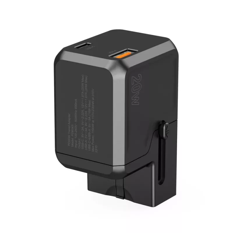 CHOETECH PD6038 cargador USB-C GaN 38W con USB-A, enchufes intercambiables (EU/US/UK/AU) - negro