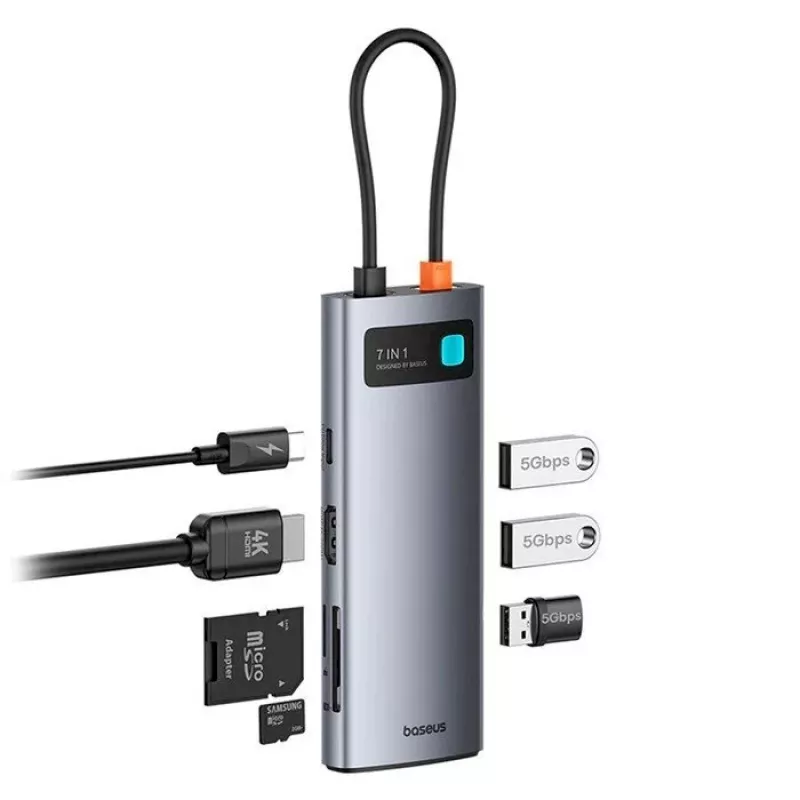 Baseus Metal Gleam Hub USB-C 7 en 1 HDMI 4K 60Hz 3x USB 3.0 USB-C PD SD microSD Gris