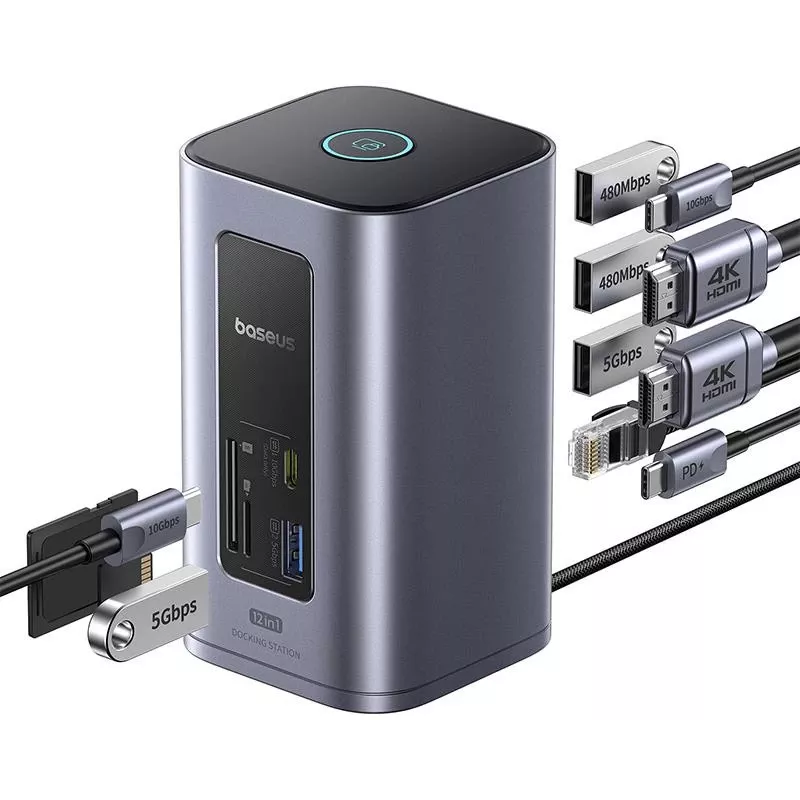 Baseus Air Spacemate Hub USB-C 12 en 1, 2x HDMI 4K@60Hz, 2x USB-C 10Gbps, 2x USB-A 5Gbps, 2x USB-A 480Mbps, RJ45, SD/microSD, USB-C PD, Gris