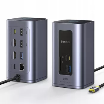Baseus Air Spacemate Hub USB-C 12 en 1, 2x HDMI 4K@60Hz, 2x USB-C 10Gbps, 2x USB-A 5Gbps, 2x USB-A 480Mbps, RJ45, SD/microSD, USB-C PD, Gris