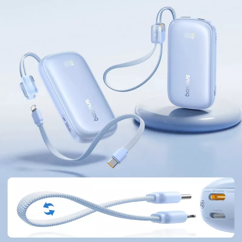 Baseus EnerFill FC21 Qpow 3 Ultra 10000 mAh 45W batería externa con cable USB-C/Lightning extraíble - azul