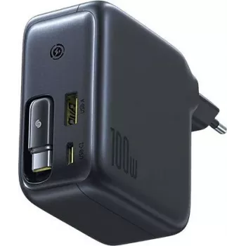 Baseus EnerCore CJ11 fuente de alimentación GaN 100W con cable USB-C retráctil, 2 conectores USB-C y 1 USB-A, negro
