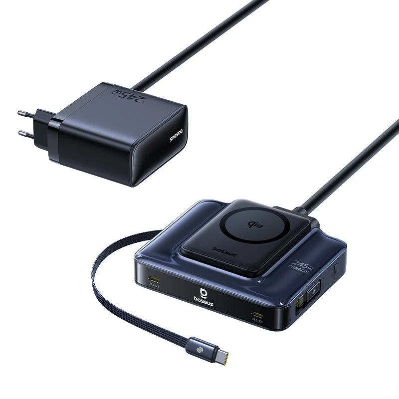 Baseus Nomos NH21 estación de carga inalámbrica 6 en 1 245W con dos cables USB-C retráctiles - negra