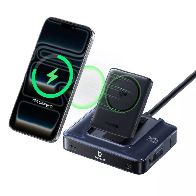 Baseus Nomos NH21 estación de carga inalámbrica 6 en 1 245W con dos cables USB-C retráctiles - negra
