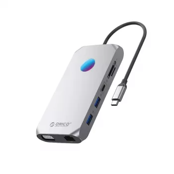 ORICO XCR docking station USB-C 12 en 1 con RGB, 3x USB-A 3.1, 1x USB-A 2.0, 1x USB-C PD 100W, 1x USB-C 3.1, 1x HDMI 1.4 4K 30Hz, 1x VGA 1080p, 1x microSD/SD 3.0, 1x RJ45 Gigabit Ethernet, 1x Audio CTIA 3.5mm - gris