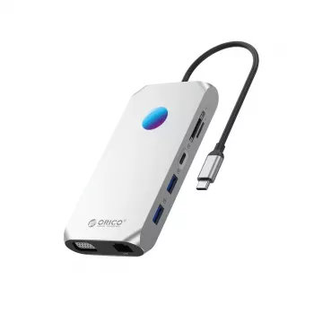 ORICO XCR docking station USB-C 12 en 1 con RGB, 3x USB-A 3.1, 1x USB-A 2.0, 1x USB-C PD 100W, 1x USB-C 3.1, 1x HDMI 1.4 4K 30Hz, 1x VGA 1080p, 1x microSD/SD 3.0, 1x RJ45 Gigabit Ethernet, 1x Audio CTIA 3.5mm - plata