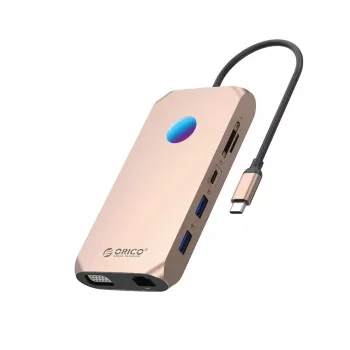 ORICO XCR 12w1 RGB docking station USB-C, 12 en 1, 3x USB-A 3.1, 1x USB-A 2.0, 1x USB-C PD 100W, 1x USB-C 3.1, 1x HDMI 1.4 4K 30Hz, 1x VGA 1080p, 1x microSD/SD 3.0, 1x RJ45 Gigabit Ethernet, 1x Audio CTIA 3.5mm, Rose Gold