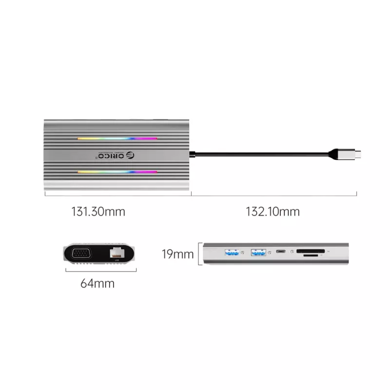 ORICO XDR docking station USB-C 12 en 1 con RGB, 2x HDMI 4K 60Hz, VGA, RJ45 Gigabit, lector de tarjetas SD/microSD, 100W PD, gris