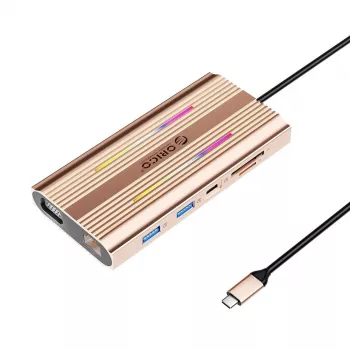 ORICO XDR docking station USB-C 12 en 1 RGB, 2x USB-A, 1x USB-C PD 100W, 2x HDMI 4K 60Hz, VGA, RJ45 Gigabit, lector de tarjetas SD y microSD - Rose Gold