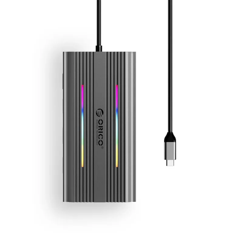 ORICO XCR docking station USB-C 12 en 1 con RGB, 3x USB-A, USB-C PD 100W, HDMI 4K, VGA, RJ45 Gigabit, lector de tarjetas SD/microSD - gris