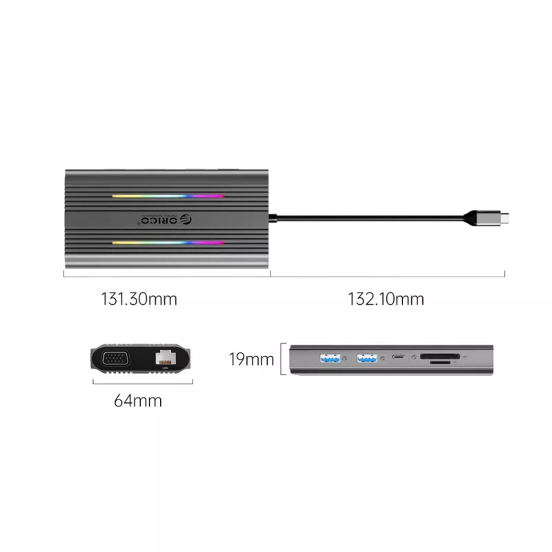ORICO XCR docking station USB-C 12 en 1 con RGB, 3x USB-A, USB-C PD 100W, HDMI 4K, VGA, RJ45 Gigabit, lector de tarjetas SD/microSD - gris