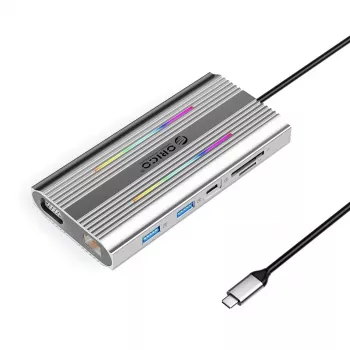 ORICO XCR docking station USB-C 12 en 1 con RGB, 3x USB-A, USB-C PD 100W, HDMI 4K, VGA, RJ45 Gigabit, lector de tarjetas SD/microSD - plata