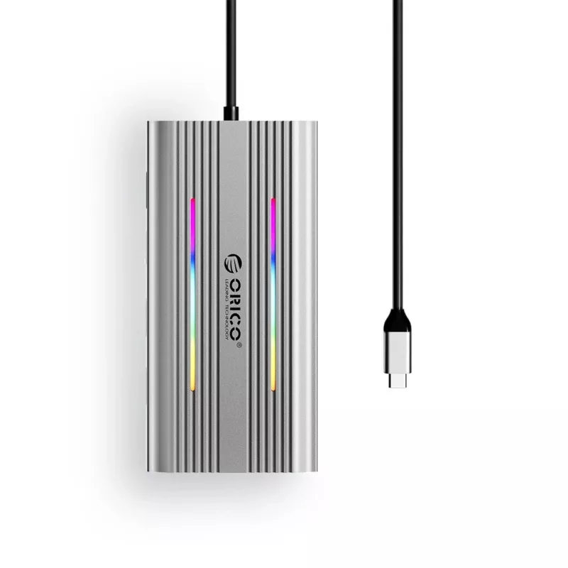 ORICO XCR docking station USB-C 12 en 1 con RGB, 3x USB-A, USB-C PD 100W, HDMI 4K, VGA, RJ45 Gigabit, lector de tarjetas SD/microSD - plata