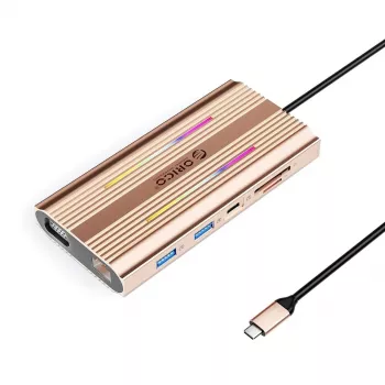 ORICO XDR docking station USB-C 12 en 1 RGB, 3x USB-A, USB-C PD 100W, HDMI 4K, VGA, RJ45 Gigabit, lector de tarjetas SD/microSD - Rose Gold