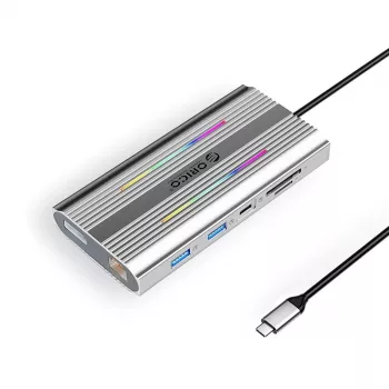 ORICO XDR docking station USB-C 12 en 1 con RGB, 2x HDMI 4K 60Hz, DisplayPort 4K 60Hz, RJ45 Gigabit, PD 100W, lector de tarjetas SD/microSD - plata
