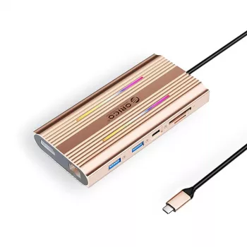 ORICO XDR docking station USB-C 12 en 1 con RGB, 2x HDMI 4K 60Hz, DisplayPort 4K 60Hz, Gigabit Ethernet, 100W PD, lector de tarjetas SD/microSD - oro rosa
