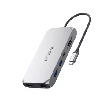 ORICO XCR docking station USB-C 12 en 1 2x USB-A 3.1 1x USB-A 2.0 1x USB-C PD 100W 1x USB-C 3.1 2x HDMI 2.0 4K 60Hz 1x DisplayPort 1.4 4K 60Hz 1x SD 3.0 1x microSD 3.0 1x RJ45 Gigabit Ethernet 1x Audio CTIA 3.5mm - gris