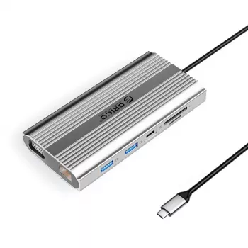 ORICO XDR docking station USB-C 12 en 1 con 4K HDMI, VGA, Gigabit Ethernet, 100W PD, lector de tarjetas SD/microSD - plata