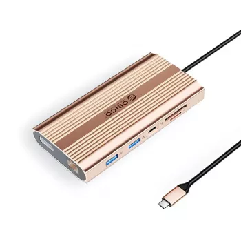 ORICO XDR docking station USB-C 12 en 1 con 2x HDMI 4K 60Hz, DisplayPort 4K 60Hz, Gigabit Ethernet, 100W PD, lector de tarjetas SD/microSD - oro rosa