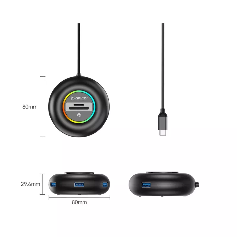 ORICO YXR5-C3 RGB hub USB-A 3.0 de 4 puertos con lector de tarjetas SD y microSD, cable de 1,8 m, negro