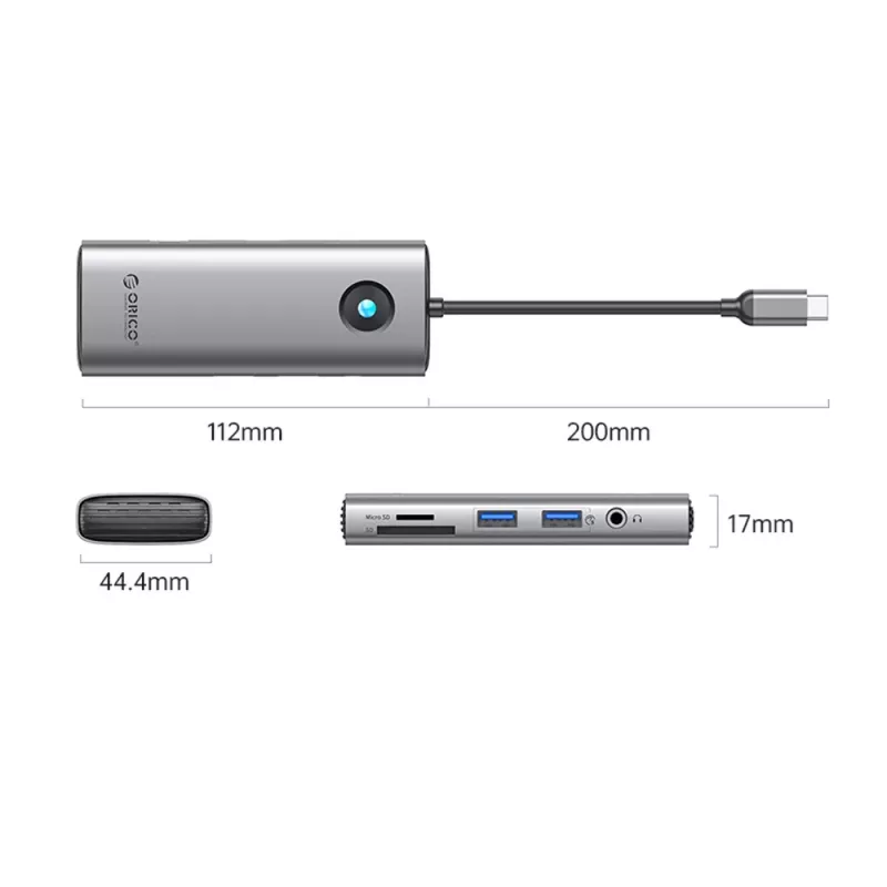 ORICO PW11 USB-C Docking Station 8 en 1, 2x USB-A 3.0, 1x USB-C PD 100W, 1x HDMI 4K 60Hz, 1x microSD/SD, 1x RJ45 Gigabit Ethernet, 1x Audio 3.5mm, Gris