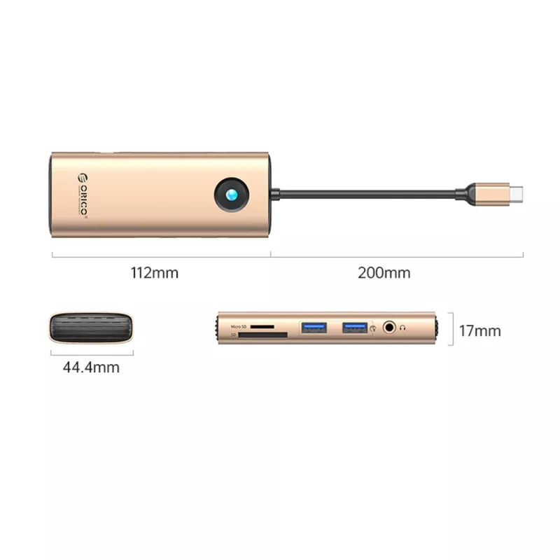ORICO PW11 USB-C Docking Station 8 en 1, 2x USB-A 3.0, 1x USB-C PD 100W, 1x HDMI 4K 60Hz, 1x microSD/SD, 1x RJ45 Gigabit Ethernet, 1x Audio 3.5mm, Oro rosa