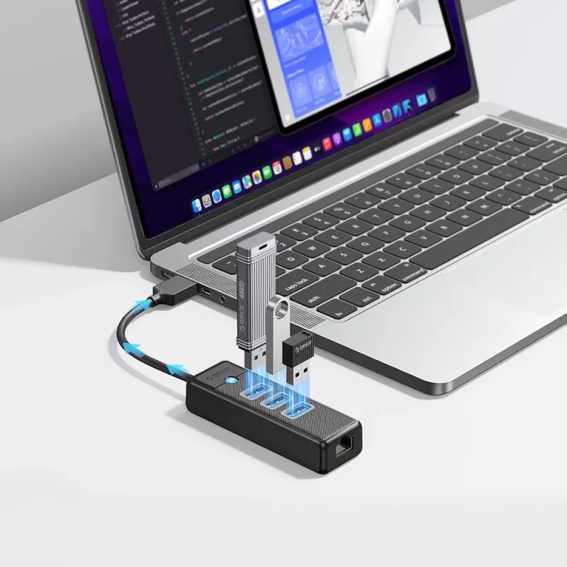 ORICO PW3UR25-U3 Hub USB de 4 puertos con 3x USB-A 3.0 y 2.5G Ethernet, cable de 1 m, Negro