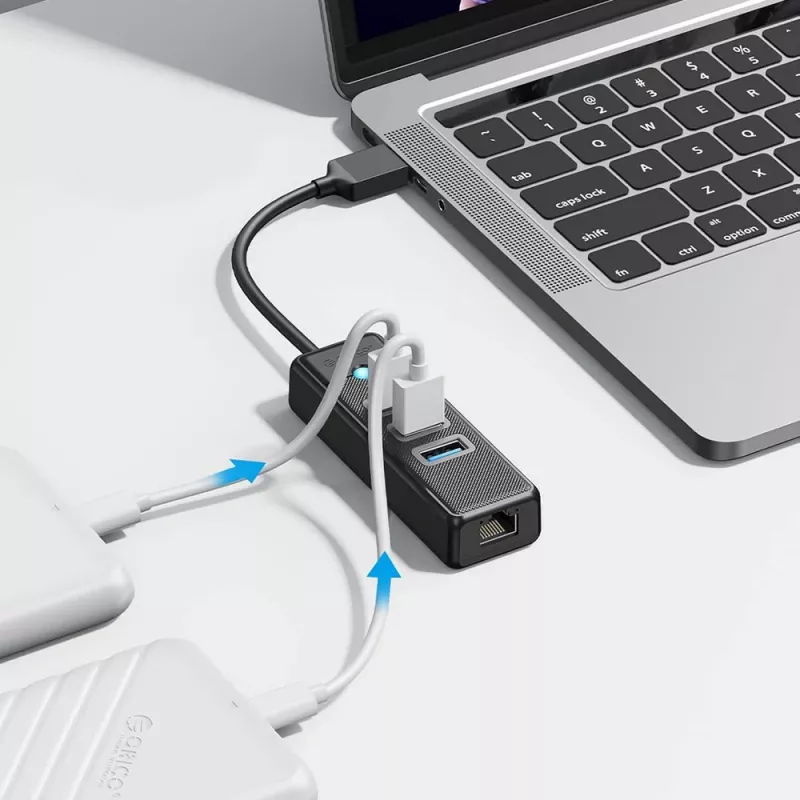 ORICO PW3UR25-U3 Hub USB 3.0 de 4 puertos con adaptador 2.5G Ethernet, cable de 1,8 m, Negro