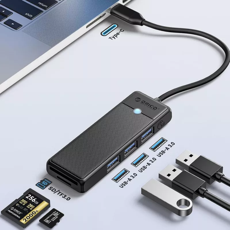ORICO PAPW3AT-U3 Hub USB 3.0 de 4 puertos con lector de tarjetas SD/MicroSD, cable de 1,8 m, Negro