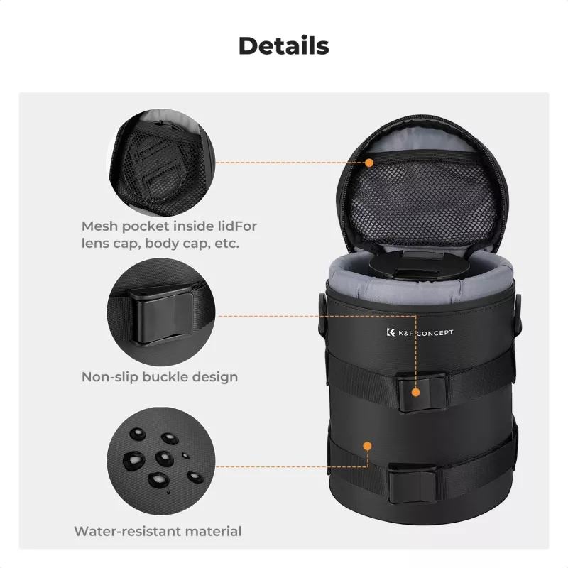 K&F Concept Funda impermeable para objetivo pequeña 12x8cm con fuelle - Negro