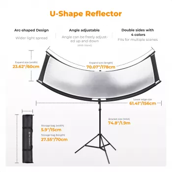 Reflector curvo en U 4 en 1 de 180x60cm de K&F Concept con soporte de luz y bolsa de transporte