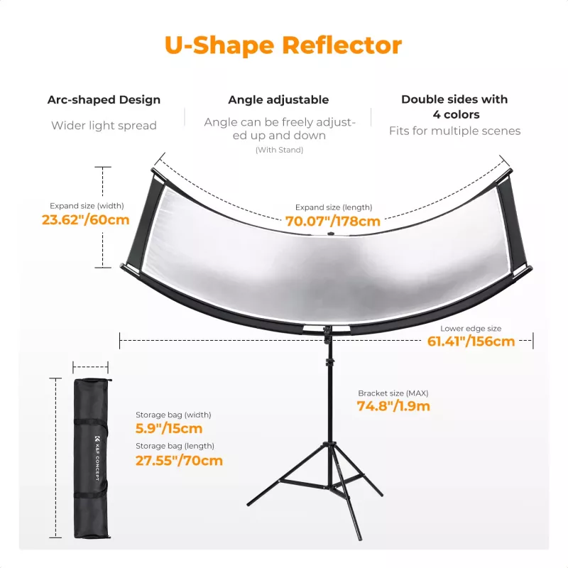 Reflector curvo en U 4 en 1 de 180x60cm de K&F Concept con soporte de luz y bolsa de transporte