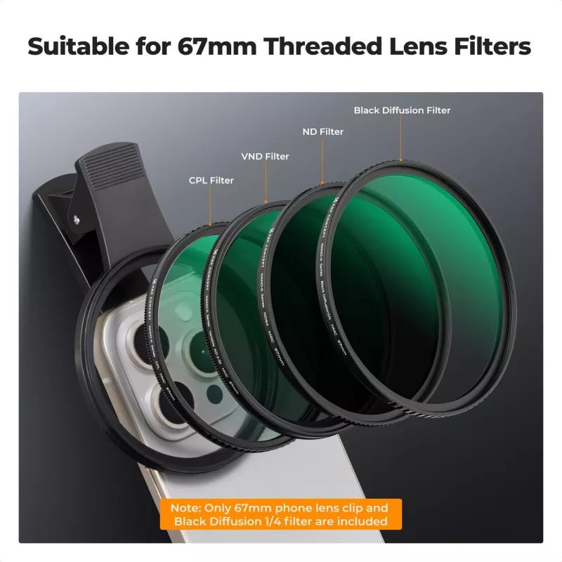 Filtro KF Black Diffusion 1/4 de 67 mm con adaptador Clip-On para smartphone