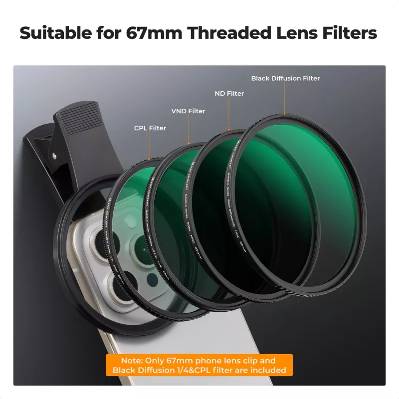 Kit de filtros KF 2 en 1 Black Diffusion 1/4 + CPL Phone de 67 mm Clip-On