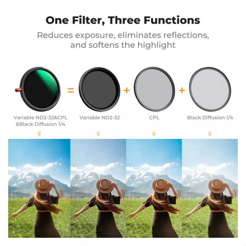 Filtro híbrido K&F Concept 3 en 1 de 67 mm Fader ND2-32 + CPL + Black Diffusion 1/4