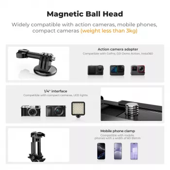Soporte de trípode magnético con rótula esférica 3D de KF para GoPro smartphone cámara con rosca de 1/4 de pulgada KF31.156 negro