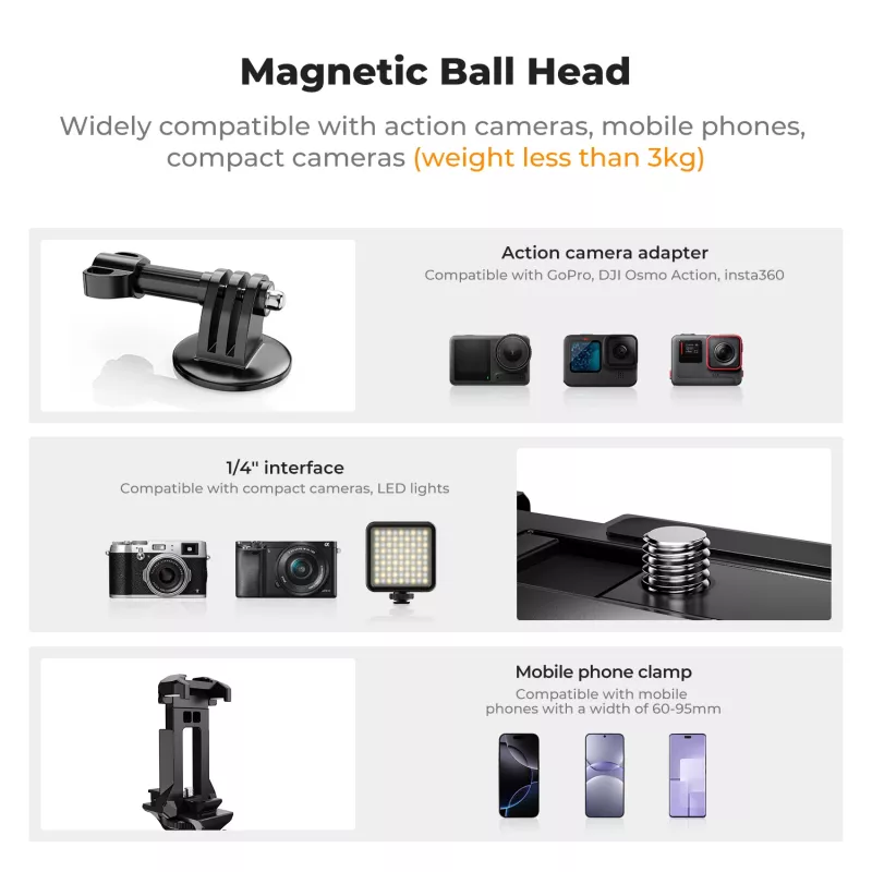 Soporte de trípode magnético con rótula esférica 3D de KF para GoPro smartphone cámara con rosca de 1/4 de pulgada KF31.156 negro