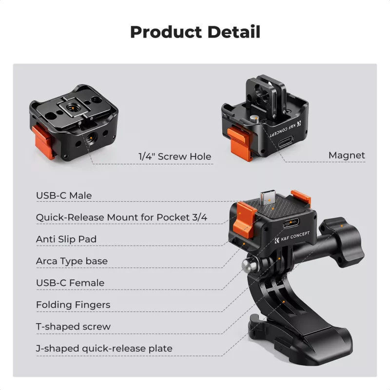 KF Adaptador de liberación rápida con función de carga USB-C para DJI Osmo Pocket 3/4, soporte GoPro, rosca de 1/4