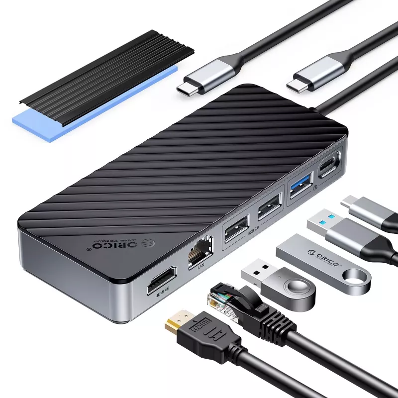ORICO OM28PR-G2 Base de conexión USB-C con carcasa para SSD M.2, 1x USB-A 3.2, 1x USB-C 3.2, 2x USB-A 2.0, 1x HDMI, 1x Ethernet - Negro