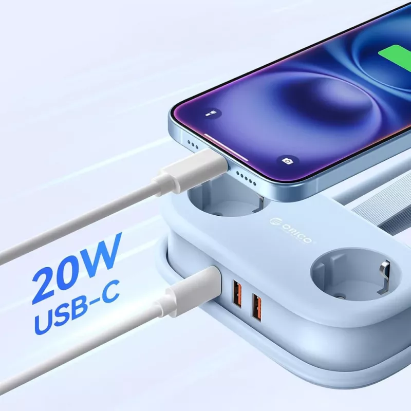 ORICO AP3 Regleta de alimentación GaN 20W 5 en 1, 2x AC + 2x USB-A + 1x USB-C, azul