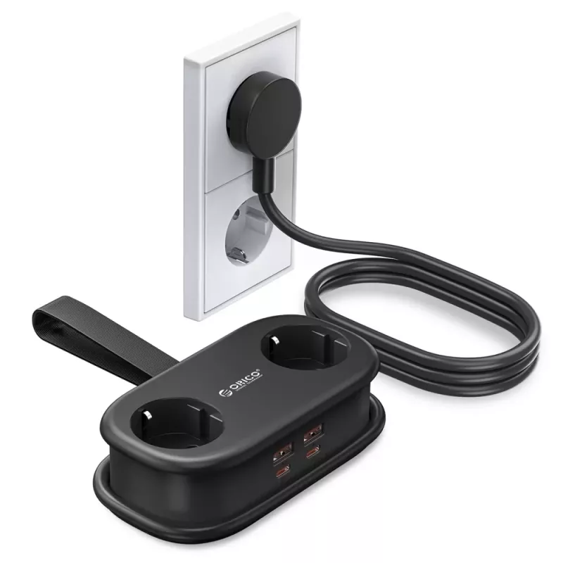 ORICO AP3 Regleta de enchufes GaN 65W 6 en 1 con 2 tomas AC, 2 puertos USB-A y 2 USB-C, cable de 1,5 m, negro