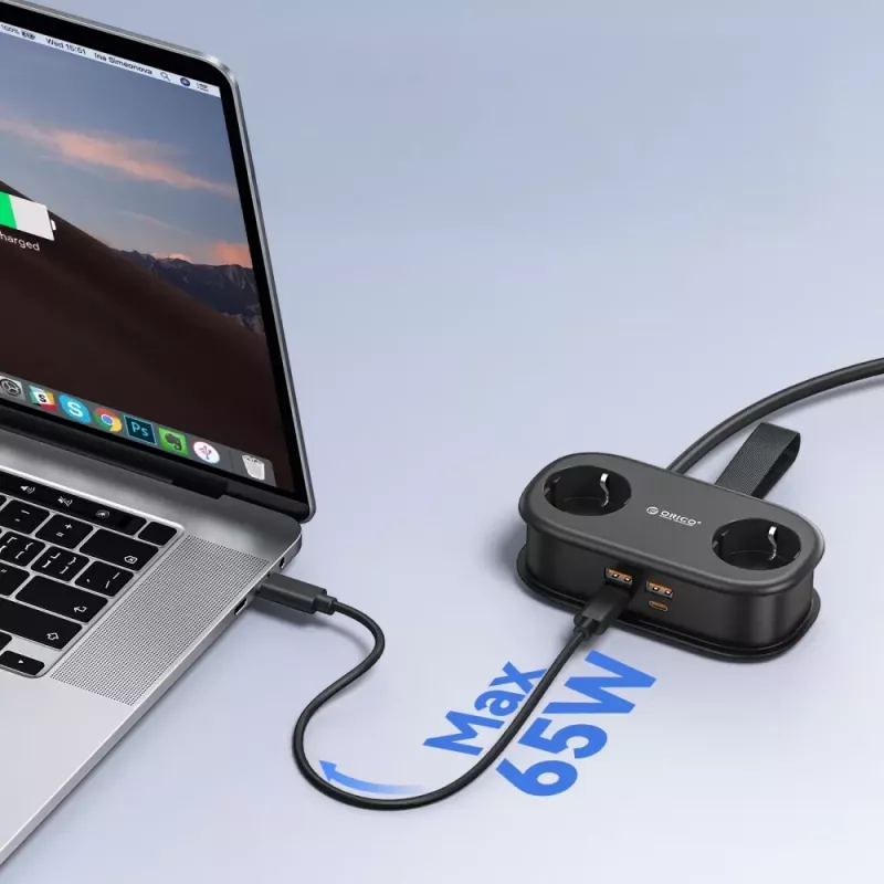ORICO AP3 Regleta de enchufes GaN 65W 6 en 1 con 2 tomas AC, 2 puertos USB-A y 2 USB-C, cable de 1,5 m, negro