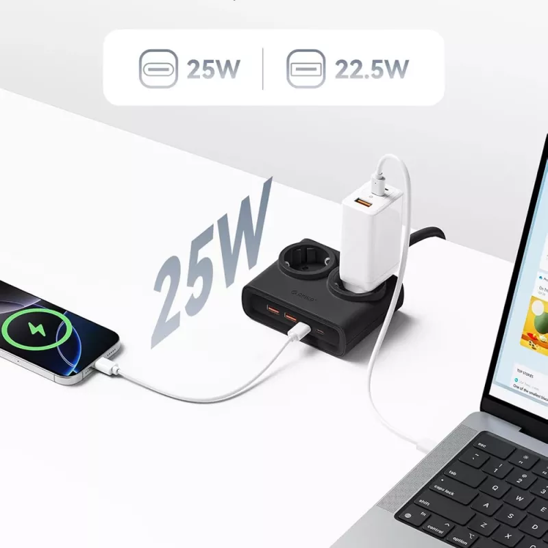 ORICO PDC25 regleta 25W 6 en 1 con 2 tomas AC, 2 puertos USB-A y 2 puertos USB-C - Negro