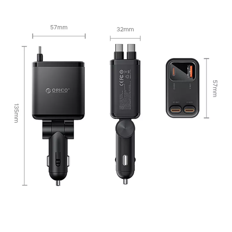 ORICO Twin Reach 45W cargador de coche USB-A + USB-C con dos cables USB-C retráctiles - Negro