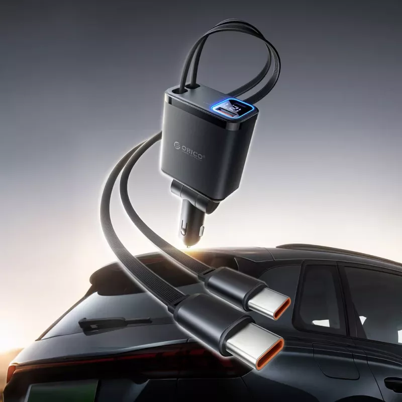 ORICO Twin Reach 45W cargador de coche USB-A + USB-C con dos cables USB-C retráctiles - Negro