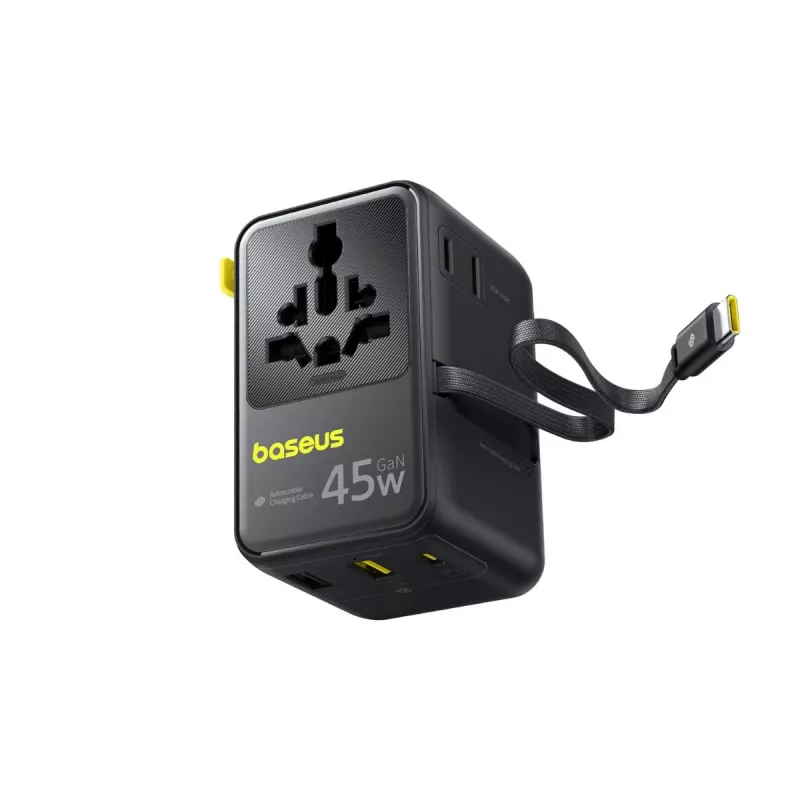 Baseus PicoGo AG11 45W 6 en 1 Adaptador de viaje universal con cable USB-C retráctil - Negro